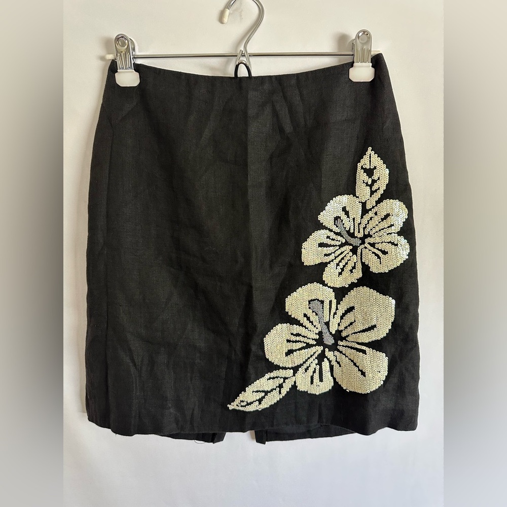 Vintage Kelly & Diane Mini Skirt Sequins Black Linen Hawaii Flowers Size 4P